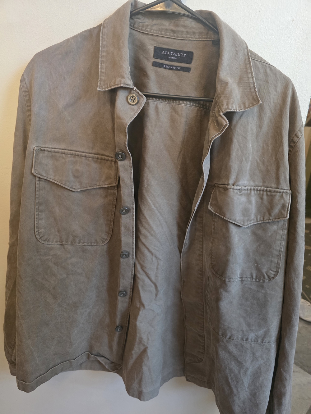 AllSaints Men's Washed OLIVE GREEN Military Overshirt
